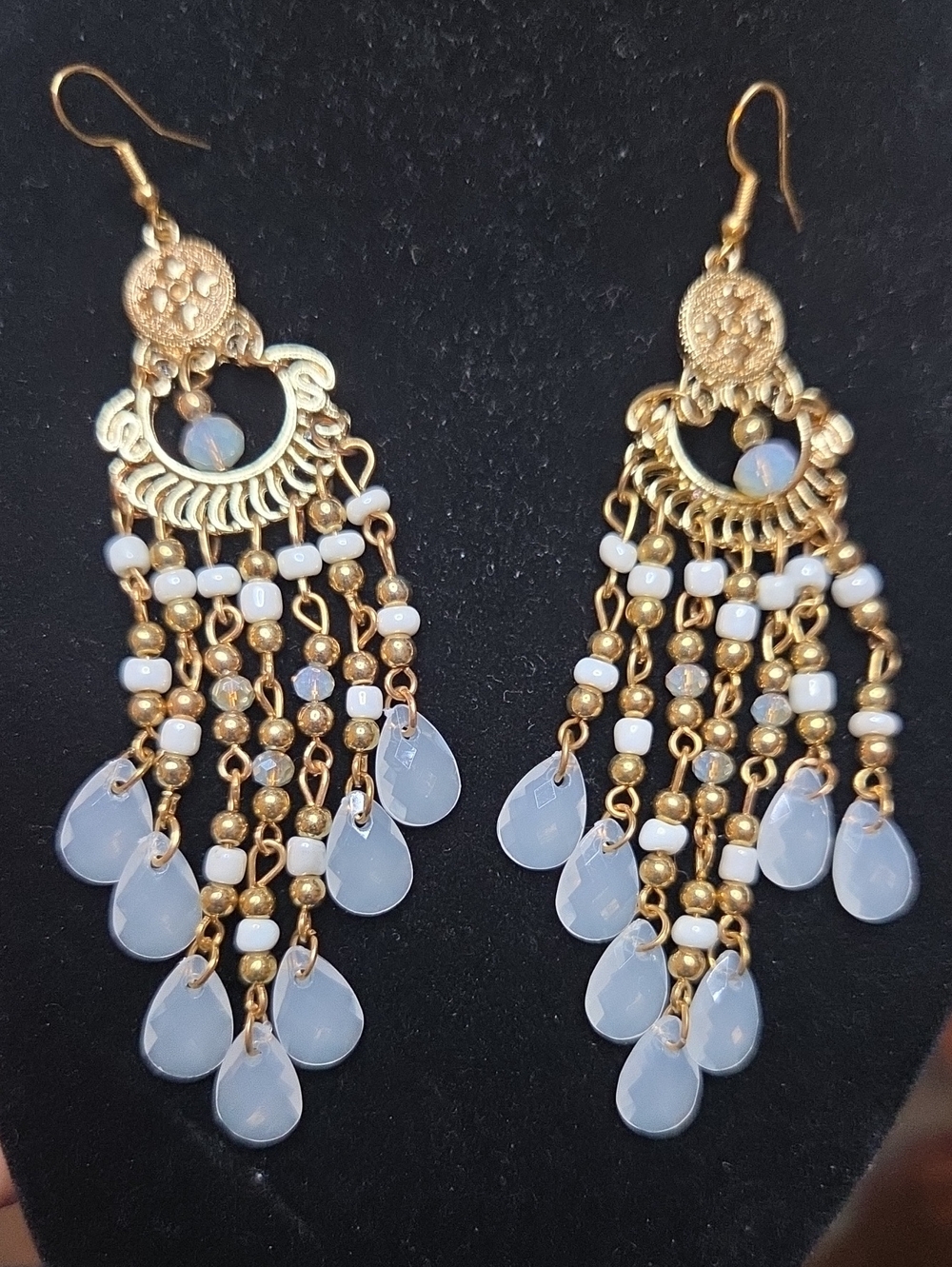Gold and White Beaded Teardrop Chandelier Earrings